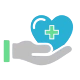 Ícono de una mano sosteniendo un corazon azul que tiene una cruz verde